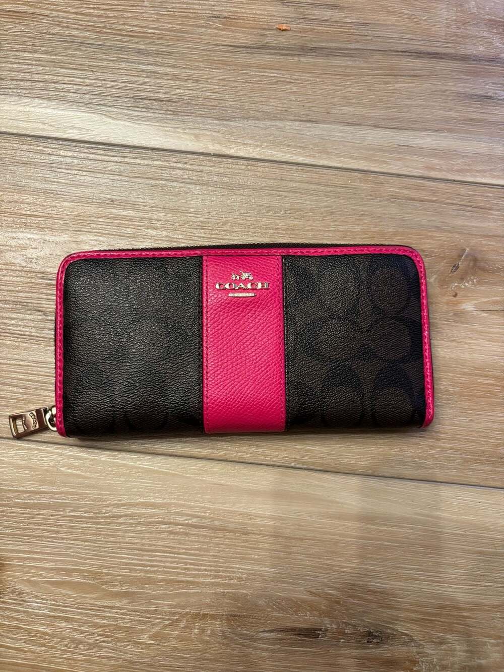 Coach Signature PVC Accordion Zip Around Wallet in Brown and Pink